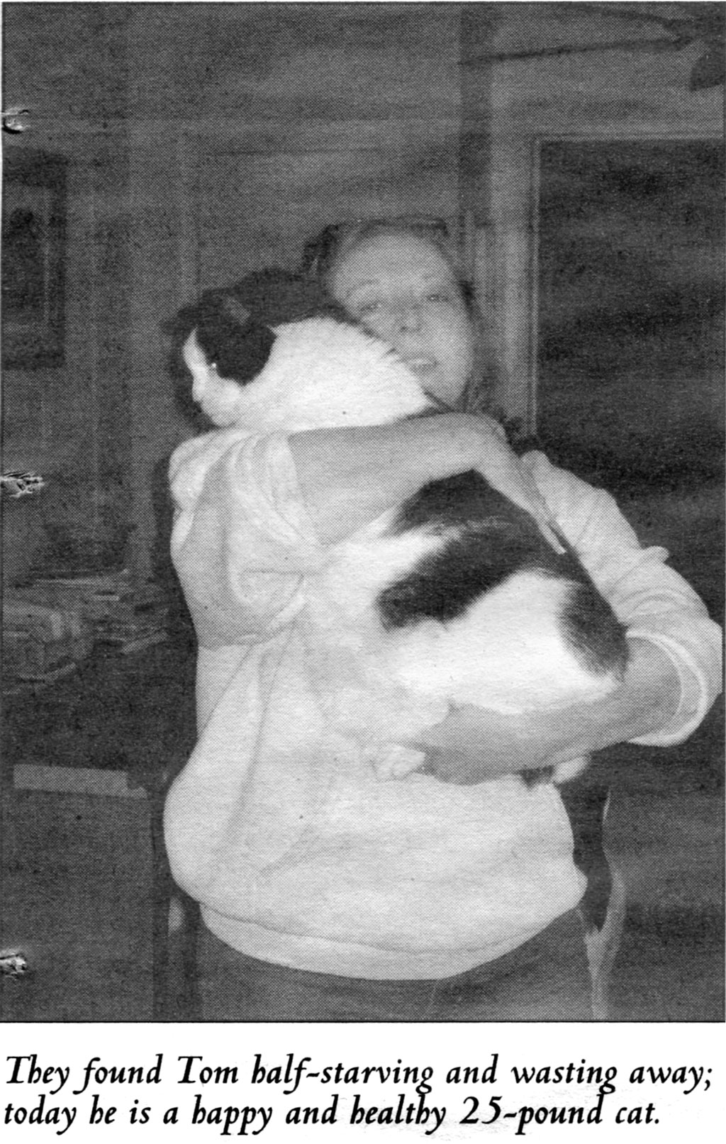 They found Tom (a cat) half-starving and wasting away; today he is a happy and healthy 25-pound cat. Susan holds Tom